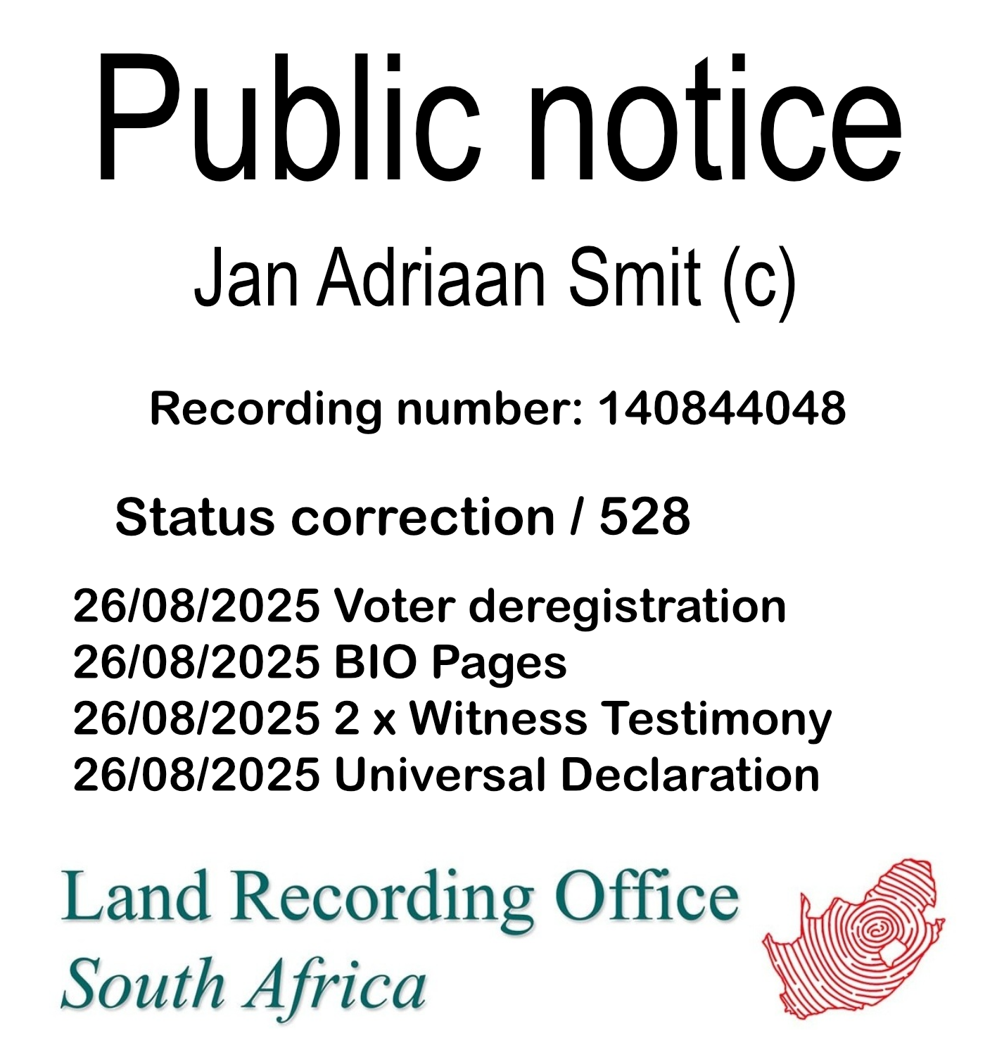 Public notice Jan Adriaan Smit (c) Recording number 140844048